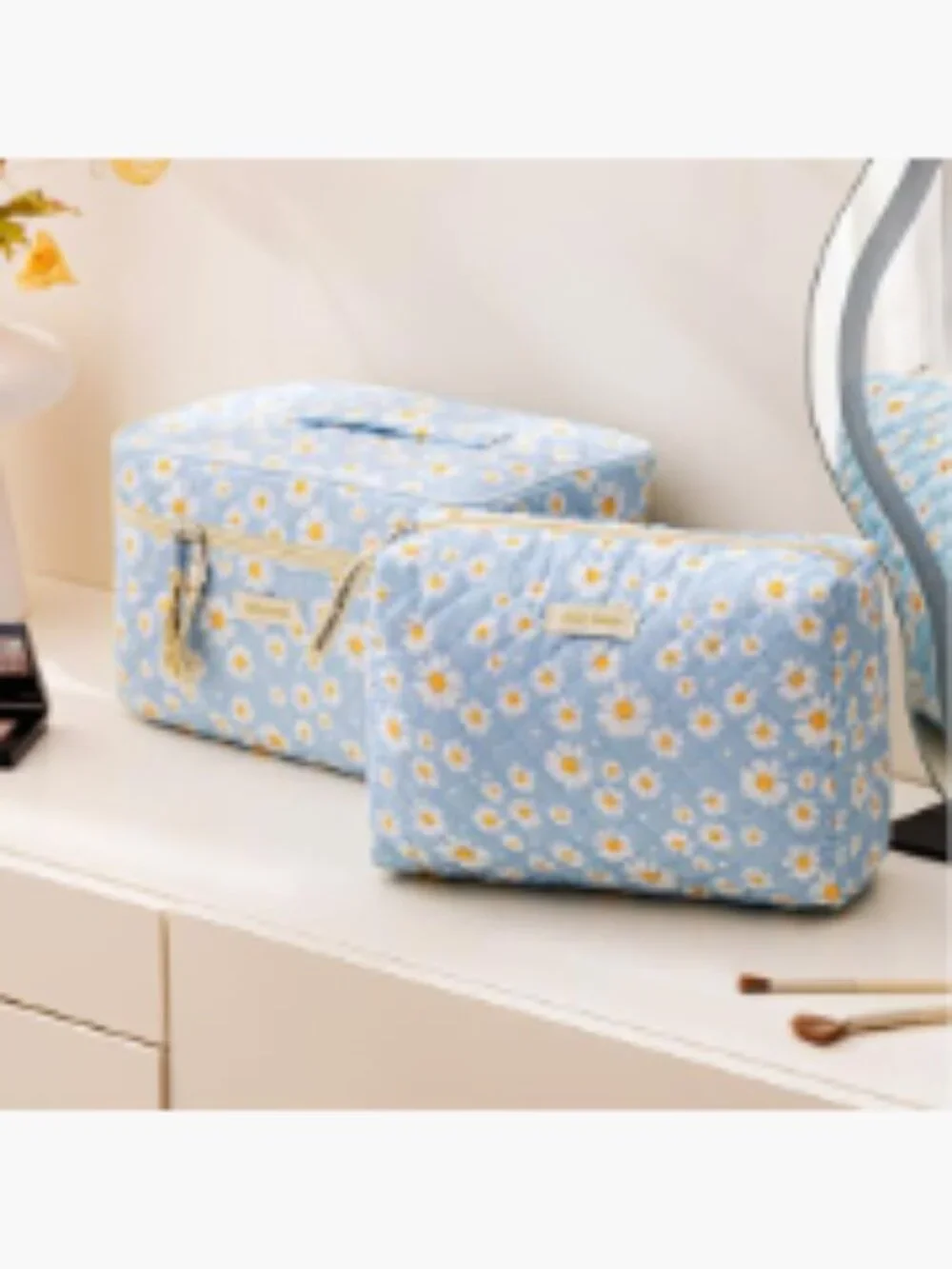 Quilted Cotton Makeup Bag Set 3pc Floral Travel Cosmetic Organizer Toiletry_4